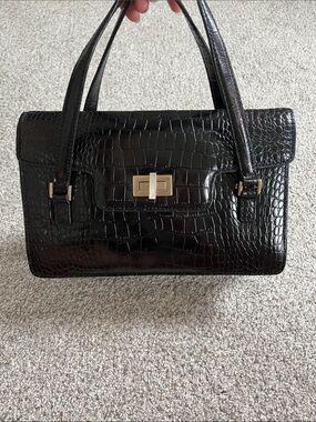 Antonio Melani Black Croc-Embossed Leather Top-Handle Bag